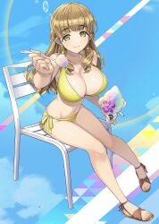 1girls ayato_utae big_breasts bikini blonde_hair breasts busty chair cleavage dolphin_wave feet female female_only highres large_breasts legs long_hair nail_polish navel official_art sitting smile solo swimsuit thighs voluptuous yellow_bikini yellow_eyes