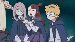 1boy 3girls akko_kagari andrew_hanbridge blush bukkake clothed_female_nude_male cum cum_in_mouth cumshot gigalleta little_witch_academia lotte_yansson open_mouth sucy_manbavaran