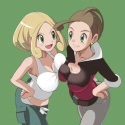 2girls alexa_(pokemon) big_breasts blonde_hair blush breast_press breasts brown_hair cleavage clothed clothing game_freak green_background green_eyes hands_on_hips hands_on_own_hips nintendo open_mouth pansy_(pokemon) pokemon pokemon_xy refuto short_blonde_hair short_brown_hair short_hair siblings sisters smiling tank_top viola_(pokemon)