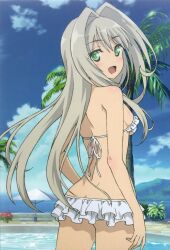 1girls ai_generated ass bikini breasts emilia_hermit female female_only green_eyes grey_hair highres hundred legs long_hair looking_at_viewer looking_back official_art open_mouth pool sideboob small_breasts smile solo swimsuit thighs water