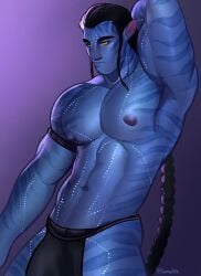 abs avatar avatar:_the_way_of_water black_hair blue_body blue_skin body_markings gay jake_sully llamasart loincloth long_hair male male_only muscular muscular_male na'vi nipples pecs pectorals solo yellow_eyes