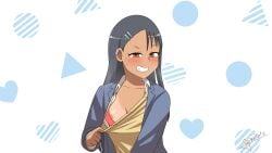 1girls areolae black_hair blush breast_peek breasts brown_eyes clothed clothing female_focus female_only gigalleta grin hayase_nagatoro long_hair looking_at_viewer medium_breasts nipple_peek nipples please_don't_bully_me,_nagatoro revealing_clothes simple_background small_breasts smile solo sweat tan tan_skin tanline tanlines tanned watermark white_background