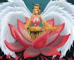 angel_wings artist_request beast_pirates black_maria blonde_hair blue_eyes breasts female flower flower_in_hair geisha giantess hair_tentacles huge_breasts male nipples nipples_visible_through_clothing oiran one_piece prehensile_hair tadad/srain wano_country