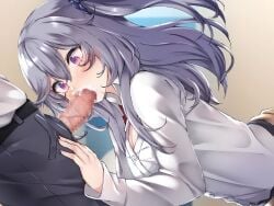 1boy black_pants black_skirt blush breasts cum cum_in_mouth fellatio female grey_hair jon_(pixiv31559095) large_breasts long_hair one_side_up oral original pants penis purple_eyes school_uniform shirt skirt solo_focus straight white_shirt