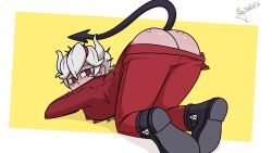 ass ass_freckles ass_up beelzebub_(helltaker) blush demon demon_girl demon_horns demon_tail face_down_ass_up female freckles gigalleta helltaker horns looking_back presenting_hindquarters red_eyes tail top-down_bottom-up white_hair