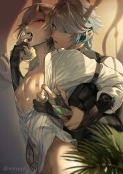 2boys alhaitham_(genshin_impact) bare_legs biceps blonde_hair blonde_hair_male blush blushing clothed_sex drooling earrings exposed_breasts exposed_nipples femboy fingers_in_mouth flushed flushed_face gay gay_sex genshin_impact gloves green_eyes grey_hair groping half-dressed headphones jewelry kaveh_(genshin_impact) male male/male male_only monaop5 multiple_boys muscles muscular muscular_male nipples red_eyes small_waist tongue tongue_out twink yaoi