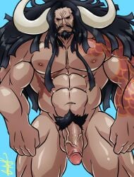 1boy abs anger_vein arm_tattoo artist_signature balls ballsack bara beard beefy completely_nude covet_hiss curled_horns dark-skinned_male dark_skin facial_hair feet_out_of_frame foreskin foreskin_folds highres horns humanoid intact kaido_(one_piece) large_hands large_pectorals large_penis long_hair_male male male_nipples male_only male_pubic_hair manly mature_male muscles muscular_male mustache nude_male one_piece pecs pectorals penis retracted_foreskin scrotum semi-erect shaded_face smooth_skinned_male solo standing stomach tattoo testicles thick_thighs thighs uncut veins veiny_penis