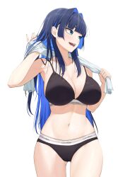 absurdres bangom_r black_bra black_hair black_panties blue_eyes blue_hair bra breasts calvin_klein cleavage colored_inner_hair cowboy_shot female hair_intakes highres holding holding_towel hololive hololive_english hololive_english_-council- hololive_english_-promise- large_breasts long_hair looking_to_the_side multicolored_hair navel open_mouth ouro_kronii panties simple_background solo stomach towel towel_around_neck two-tone_hair underwear very_long_hair virtual_youtuber white_background