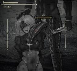 1boy 1girls blindfold dark-skinned_male defeated defeated_heroine erection eve_(nier_automata) female female_focus foreskin huge_cock human intact interracial jsq012 male monochrome nier:_automata nier_(series) partial_male partially_retracted_foreskin penis penis_on_cheek penis_on_face penis_out precum rape short_hair straight tied_up uncut veiny_penis yorha_2b