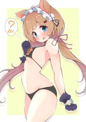 1girls :d ? animal_ears armpits belly_bulge bikini black_bikini black_swimsuit blue_eyes blush blush_lines blushing_at_viewer brown_hair confused confusion eli_conifer eyebrows eyebrows_visible_through_hair eyelashes female female_only gloves hair_between_eyes hair_ornament hair_ribbon hairband head_tilt long_brown_hair long_hair looking_at_viewer low_twintails nijihub nijisanji one_arm_up pornhub_bra shy side_view simple_background small_breasts standing swimsuit text text_bubble thighs twintails uedazirousan virtual_youtuber