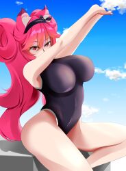 animal_ears ass beach big_breasts curvaceous dark_hair female_only headband hot_pink_hair latam_virtual_youtuber lunaria_ayaren neffario one-piece_swimsuit pink_eyes stretching swimsuit thighs twintails virtual_youtuber vtuber vtuberfanart wide_hips youtube_hispanic