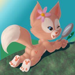 anthro ass ass big_ass big_butt cub disney duffy_and_friends fox fox_tail furry furry_only laying_down laying_on_stomach linabell magnifying_glass mousetache pawpads paws pink_body pink_fur