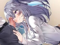 1boy after_ejaculation after_fellatio black_pants black_skirt blush breasts cum cum_in_mouth fellatio female grey_hair jon_(pixiv31559095) large_breasts licking_lips long_hair one_side_up oral original pants penis purple_eyes school_uniform shirt skirt smile solo_focus straight tongue tongue_out white_shirt