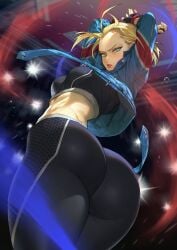 1girls arms_behind_head arms_up ass bare_shoulders black_gloves black_pants black_sports_bra blonde_hair blue_eyes blue_jacket blush breasts cammy_white dat_ass facial_scar female female_only fingerless_gloves fully_clothed gloves highres huge_ass jacket large_breasts looking_at_viewer looking_back mhk_(mechamania) open_clothes open_jacket pants scar scar_on_cheek scar_on_face short_hair solo sports_bra straight_hair street_fighter street_fighter_6 thick_thighs thighs tight tight_pants toned wide_hips