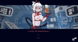 blush demon demon_girl demon_horns demon_tail dialogue embarrassed female_only femsub gigalleta helltaker horns housewife lucifer_(helltaker) maid red_eyes reluctant solo_female tail text topless waitress white_hair