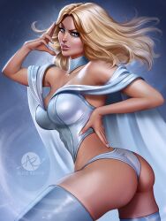 alice_rauch ass big_ass blonde_hair blue_eyes breasts bubble_butt cape choker curvy curvy_female dat_ass emma_frost female female_only giant_breasts hourglass_figure looking_at_viewer looking_back marvel marvel_comics nail_polish nails tanned tanned_female tanned_skin thick_thighs thighhighs thong thong_panties white_queen x-men