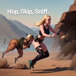 ai_generated ass audiostick big_butt blonde_hair blonde_hair blue_eyes blush bracelet breasts desert dirt headband jumping large_ass mountain sand shoes sniffing sniffing_ass stable_diffusion tan_skin tank_top thigh_strap thighhighs utility_belt words