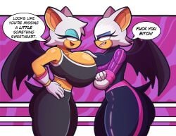 2girls anthro big_ass big_breasts big_butt bodysuit cxrryart dialogue english_text female female_only front_zipper furry furry_only hi_res huge_ass huge_breasts netflix open_mouth pinup pinup_pose png pose rouge_the_bat rouge_the_bat_(olympic_games) rouge_the_bat_(prime) rouge_the_rider selfcest sonic_(series) sonic_prime sonic_riders sonic_the_hedgehog_(series) sports_bra text text_bubble thick_thighs thighs tight_clothing wings yoga_pants yuri zipper