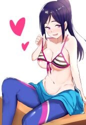 bikini blue_bodysuit blue_hair blush bodysuit breasts cleavage ern_rkgk female heart highres large_breasts long_hair looking_at_viewer love_live! love_live!_sunshine!! matsuura_kanan navel nipple_slip nipples parted_bangs ponytail purple_eyes sitting solo striped striped_bikini swimsuit wetsuit_pulled_down