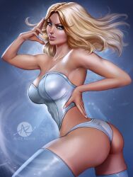 alice_rauch ass big_ass blonde_hair blue_eyes breasts bubble_butt cleavage curvy curvy_female dat_ass emma_frost female female_only giant_breasts hourglass_figure looking_at_viewer looking_back marvel marvel_comics nail_polish nails tanned tanned_female tanned_skin thick_thighs thighhighs thong thong_panties white_queen x-men