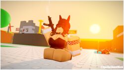 1girls 3d background_characters breasts brown_hair bunny_ears bunny_girl bunnysuit elena_(character) fishnets gun holding_gun holding_object kneeling roblox robloxian solo_focus source_request spritesheetrick tagme unimpressed