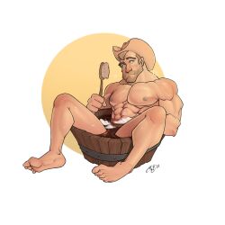 2023 abs bara bath bathing bathtub blonde_hair cowboy_hat daddy dilf hair hat human male male_only markus_von_braunstein muscular muscular_human muscular_male navel nipples no_visible_genitalia nude pecs signature solo stubble water