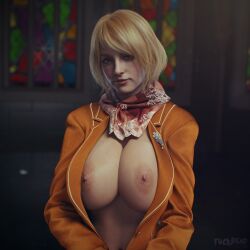 1girls 3d areolae ashley_graham ashley_graham_(ella_freya) big_breasts biohazard blazer blonde_hair blue_eyes breasts breasts_out busty capcom cleavage female female_focus female_only fuckhead hourglass_figure large_breasts nipples resident_evil resident_evil_4 resident_evil_4_remake scarf short_hair standing tagme wide_hips