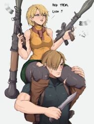 1boy 1girls ashley_graham ashley_graham_(ella_freya) biceps blush capcom carrying carrying_partner cowgirl_position english_text firearm gun head_between_thighs knife leon_scott_kennedy pantyhose piggyback resident_evil resident_evil_4 resident_evil_4_remake rocket_launcher rpg shirt skirt thick_thighs torn_pantyhose weapon yoracrab