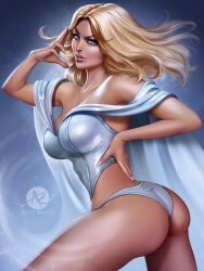 alice_rauch ass big_ass blonde_hair blue_eyes breasts bubble_butt cape curvy curvy_female dat_ass emma_frost female female_only giant_breasts hourglass_figure looking_at_viewer looking_back marvel marvel_comics nail_polish nails tanned tanned_female tanned_skin thick_thighs thong thong_panties white_queen x-men