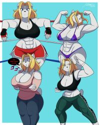 abs anthro artjwink bear bear_ears bear_girl bear_tail big_breasts bikini blonde_hair breasts jeans jwinkz muscles muscular muscular_female purple_bikini thick_thighs wide_hips