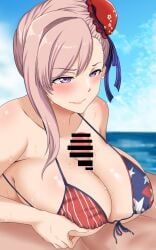 1boy alternate_eye_color american_flag_bikini asymmetrical_hair bar_censor bikini blue_sky blush breasts bun_cover censored closed_mouth cloud day fate/grand_order fate_(series) female flag_print from_side hair_bun highres kenja_panda large_breasts miyamoto_musashi_(fate) miyamoto_musashi_(swimsuit_berserker)_(fate) miyamoto_musashi_(swimsuit_berserker)_(second_ascension)_(fate) mosaic_censoring outdoors paizuri paizuri_under_clothes penis pink_hair purple_eyes sky solo_focus straight swimsuit wet