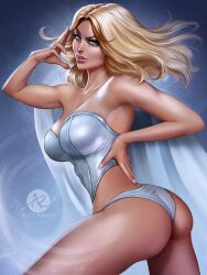 alice_rauch ass big_ass blonde_hair blue_eyes breasts bubble_butt cape cleavage curvy curvy_female dat_ass emma_frost female female_only giant_breasts hourglass_figure looking_at_viewer looking_back marvel marvel_comics nail_polish nails tanned tanned_female tanned_skin thick_thighs thong thong_panties white_queen x-men