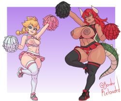 2d 2girls ass athletic athletic_female borderreloaded bowsette breasts bubble_butt busty cheerleader cheerleader_uniform female female_focus female_only full_body hourglass_figure mario_(series) nintendo peachette pinup pinup_pose skimpy skimpy_clothes sneakers super_crown super_mario_bros. tagme wide_hips