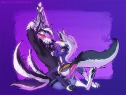 3_toes anthro anthro_on_anthro ass black_body black_fur black_nose black_pawpads blush bottomless bottomless_anthro bottomless_female bottomwear canid canid_demon canine clothed clothing demon duo erection feet female foreplay fur genitals grey_body grey_fur grey_hair hair hellaverse hellhound helluva_boss hindpaw hot_dogging imminent_sex jacket knot knotted_penis larger_male legwear long_hair loona_(helluva_boss) male male/female mammal mythological_canine mythological_creature mythology on_lap open_bottomwear open_clothing open_pants pants pawpads paws penis pinklie_(helluva_boss) red_sclera robcivecat sex sitting_on_lap size_difference smaller_female smile stockings straddling tail tail_motion tailwag toes topless topless_anthro topless_male topwear topwear_only undressing white_body white_eyes white_fur