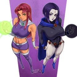 2girls bodysuit boots breasts cape dc dc_comics female female_only forehead_jewel full_body gloves green_eyes grey_skin halftone halftone_background large_breasts leotard lips lipstick long_hair looking_at_viewer luchidart makeup midriff miniskirt navel orange_skin pencil_skirt polka_dot polka_dot_background purple_background purple_boots purple_eyes purple_hair purple_legwear purple_skirt raven_(dc) red_hair screentones short_hair skirt sleeveless smile solo starfire superhero teen_titans thigh_boots thighhighs