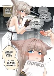 1boy 1girls animal_ears arknights arknights:_endfield bare_shoulders bird_ears bird_girl black_gloves blue_eyes blush breasts commentary dress endministrator_(arknights:_endfield) english_commentary english_text erection extra_ears female flying_sweatdrops gloves grey_hair highres holding holding_paper kukiyuusha long_hair looking_at_penis male_endministrator_(arknights:_endfield) male_masturbation masturbation medium_breasts no_jacket open_mouth paid_reward_available paper parted_lips penis perlica_(arknights:_endfield) sidelocks straight twitching_penis uncensored white_dress