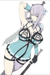 1girls armpits arms_up bandage bandages breasts cleavage flower fura gloves green_eyes hair_ornament kaine_(nier) lingerie long_hair nier_(series) nier_replicant nipples one_closed_eyes pale_skin silver_hair solo sword thigh_gap underwear weapon wink