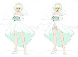 1boy androgynous blush bob_cut bride choker collar crossdressing embarrassed femboy femboy_bride femboy_only heels lio_fotia looking_at_viewer nervous petite petite_body petite_male promare sealguy short_hair slim slim_male slim_waist solo thigh_strap twink wedding wedding_dress wedding_veil
