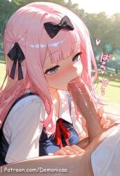 1boy 1girls ai_generated anime ass big_ass big_breasts blue_eyes blush boobjob breasts cleavage demonicaa female female_on_cloth fujiwara_chika hip_grab kaguya-sama_wa_kokurasetai_~tensai-tachi_no_renai_zunousen~ large_breasts male middle_breast open_eyes open_mouth penis penis_in_mouth pink_hair pussy reverse_cowgirl_position riding sex straight_sex uncensored vagina vaginal_penetration vaginal_sex window