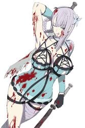 1girls armpits arms_up bandage beige_skin blood blood_stain bloody_bandage bloody_clothes bloody_sword breasts cleavage clothes flower front_view fura gloves green_eyes hair_ornament kaine_(nier) lingerie long_hair nier_(series) nier_replicant nipples overhand_grip pale_skin red_blood silver_hair skin solo stained_clothes sword thigh_gap tongue underwear weapon white_background wink