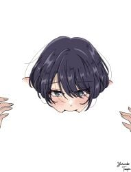 2girls aqua_eyes artist_name black_hair blush cho_kaguya-hime! commentary cunnilingus english_commentary highres kaguya_(cho_kaguya-hime!) meme mole mole_under_eye multiple_girls negative_space negative_space_cunnilingus_(meme) oral sakayori_iroha signature simple_background white_background yoruneko_(liampadolina) yuri