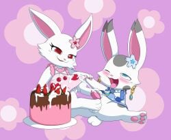 abstract_background accessory ageam_(sylvtasticalsylveon) apron apron_only balls blue_eyes blush bodily_fluids cake candy chocolate clothing cum cum_on_cake cum_on_food cumshot dessert duo ejaculation feet female flower flower_in_hair food foot_fetish foot_play footjob fruit fur genital_fluids genitals hair hair_accessory hand_holding hi_res jewelpet jewelry lagomorph leporid male male/female mammal necklace penis plant rabbit red_eyes ruby_(jewelpet) sanrio sega_fave sex strawberry tapering_penis two-footed_footjob unknown_artist vulva white_body white_fur