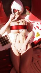 1girls 2026 3d alternate_breast_size beauty_mark beauty_mark_under_mouth bird's-eye_view blindfold blindfolded blindfolded_female bob_cut body_writing bottomless bottomless_female breast_squish breasts_pressed_together chocolate chocolate_box chocolate_on_body cowboy_shot curvaceous curvaceous_female dark_red_lipstick fazeddown feathers female female_only front_view huge_breasts laying_down laying_on_back laying_on_bed legs_together lipstick long_fingernails looking_at_viewer nail_polish navel nier:_automata nier_(series) painted_nails partially_visible_vulva pointing_to_pussy pussy red_nail_polish ribbon_bra slim_waist smile solo thighs valentine's_day vulva white_hair wide_hips yorha_2b