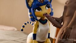 2024 3d_(artwork) animal_crossing ankha ankha_(animal_crossing) anthro bed bedroom blue_eyeshadow blue_hair blush bodily_fluids bottomless breasts clothed clothing cum cum_in_mouth cum_inside digital_media_(artwork) domestic_cat duo eyeshadow faceless_character faceless_human faceless_male felid feline felis fellatio female fur furniture genital_fluids genitals hair hi_res human inner_ear_fluff jewelry kneeling licking looking_up looking_up_at_partner makeup male male/female mammal markings mole_(marking) mostly_offscreen_human mostly_offscreen_male necklace nintendo oral penile penis penis_lick sashacakes sex shirt shortstack small_breasts soft_focus striped_markings striped_tail stripes tail tail_markings teeth tongue tongue_out topwear tuft tunic uraeus watermark wide_hips yellow_body yellow_fur
