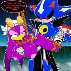 ai_generated angry anthro avian bandana beak big_breasts bird blue_eyes bodily_fluids bondage bound breasts clothing cross-popping_vein dialogue duo english_text eyewear eyewear_on_head female footwear genitals headkerchief hedgehog hi_res hirundinid kerchief machine male male/female mammal metal_sonic neo_metal_sonic nipples oscine passerine penis raining restraints rope rope_bondage sega sex sonic_(series) sonic_riders sonic_the_hedgehog_(series) speech_bubble sunglasses sunshineslop swallow_(bird) text wave_the_swallow