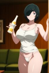 1girls ai_generated alcohol beer big_breasts black_hair cameltoe chainsaw_man cleavage clothed clothed_female clothing eye_patch female female_focus female_only himeno_(chainsaw_man) short_hair solo solo_female solo_focus standing