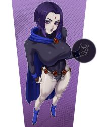 1girls bodysuit breasts cape dc dc_comics female female_only forehead_jewel grey_skin halftone large_breasts leotard lips lipstick looking_at_viewer luchidart makeup purple_background purple_eyes purple_hair raven_(dc) screentones short_hair solo superhero teen_titans
