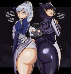 2girls ass ass_focus black_hair blake_belladonna clothed clothing female female_only light-skinned_female light_skin province_(artist) rwby weiss_schnee white_hair