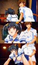 1boy 1girls 2d animated ass ass_grab black_hair blush bouncing_breasts breasts clothed_sex doggy_style female human human_female human_male human_only kansen_(series) kansen_2 loop looping_animation male nipples red_eyes saliva satsue_(kansen) school_uniform sex sex_from_behind short_hair split_screen straight tied_hair twintails