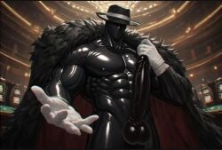 1boy ai_generated big_ass big_muscles big_penis black_body casino faceless faceless_character faceless_male fluffy_jacket hyper hyper_pecs mafia_boss male muscles muscular muscular_male nude nude_male solo solo_focus solo_male